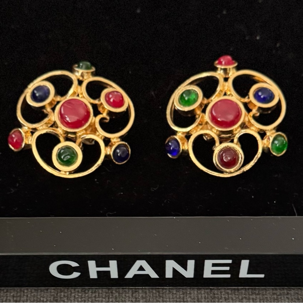 Chanel Vintage Gripoix-Style Multicolor Glass Cabochon Earrings